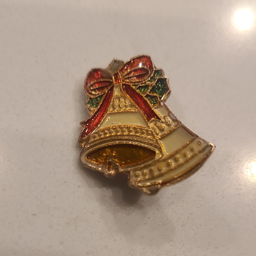 Festive Bell Brooch with Red Bow